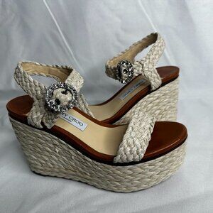 Jimmy Choo Raffia Wedge with Crystal Buckle - Size 39